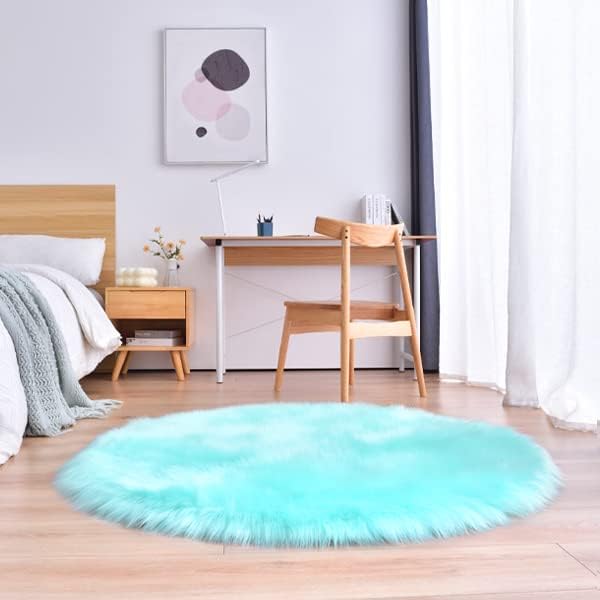 duduta Turquoise Blue Faux Sheepskin Round Rug 4x4 ft, Fluffy Shag Fur Bedroom - Image 5