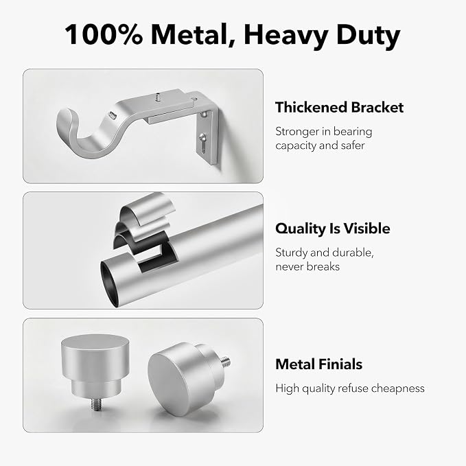 IFELS Heavy Duty Curtain Rods for Windows 66 to 120 Inch, 1 Inch Silver Curtain - Image 3