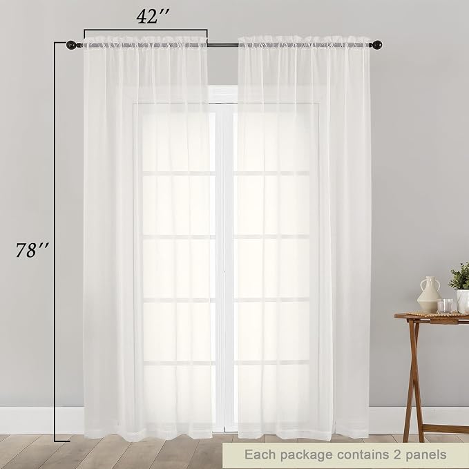 Ivory Sheer Curtain for Bedroom Living Room 78 Inches Long 2 Panels Set - Image 2
