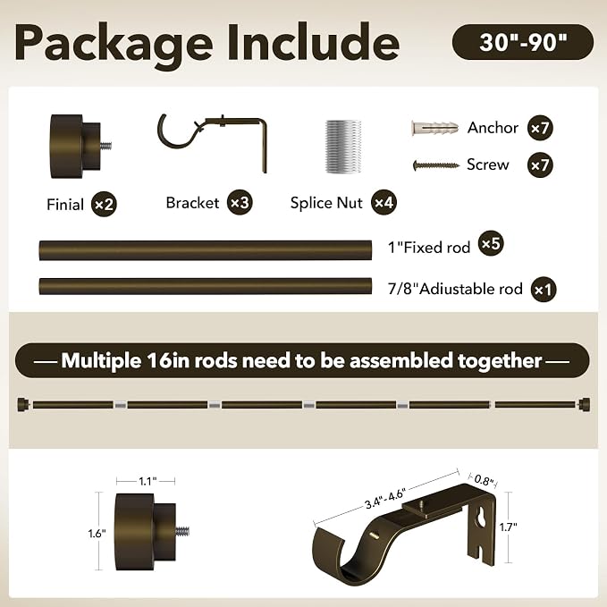 IFELS Heavy Duty Curtain Rods for Windows 48 to 84 Inch, 1 Inch Bronze Window - Image 7