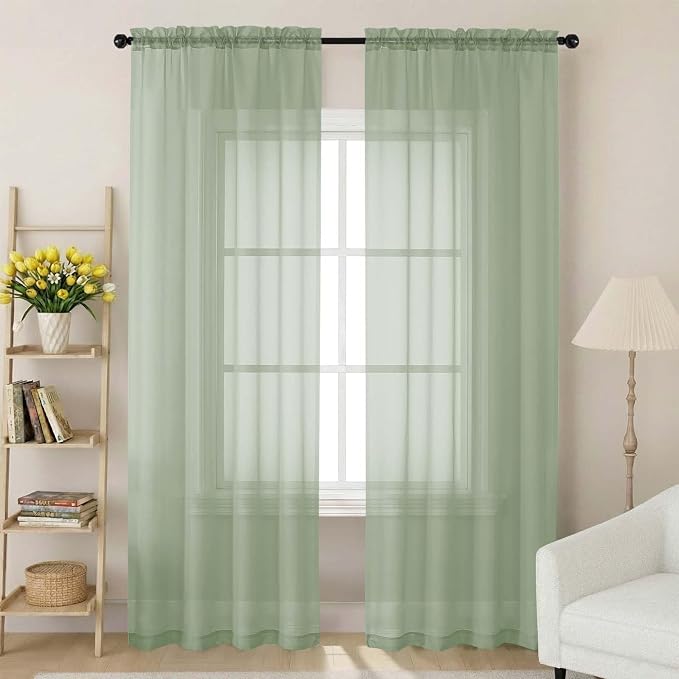 Sage Green Sheer Curtains 84 Inches Long 2 Panels, Soft Light Filtering Curtains by WelvetBLK