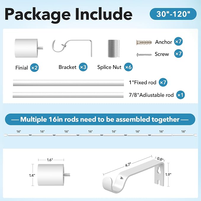 IFELS Heavy Duty Curtain Rods for Windows 66 to 120 Inch, 1 Inch White Curtain - Image 7