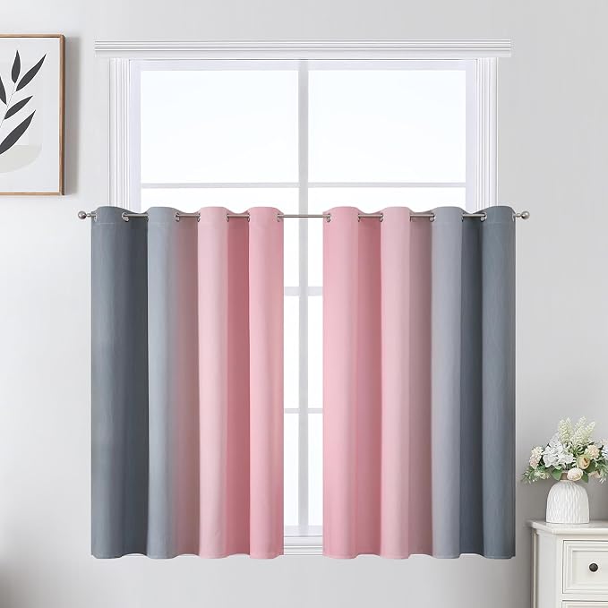Estelar Textiler Grey and Pink Ombre Short Blackout Curtains 36 Inch Long - Image 2