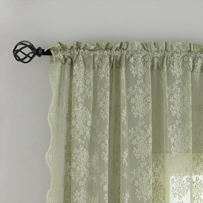 YJ YANJUN Vintage Lace Curtains 90 Inches Long-Victorian Floral Pattern Sage - Image 3