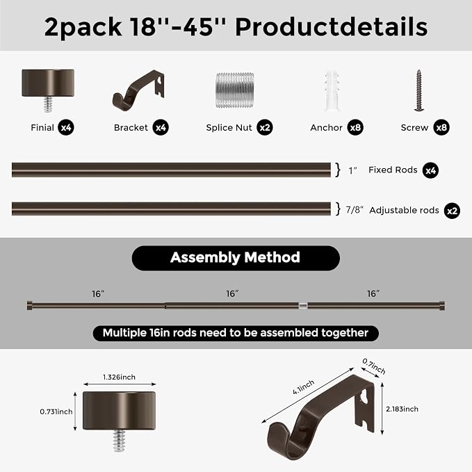 VOIIY 2 Pack Curtain Rods for Windows 18 to 42 Inch, Bronze 1'' Diameter - Image 8
