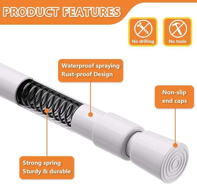 KXLife 2 Pack 5/8" Spring Tension Curtain Rod, Adjustable Tension Rods White 18 - Image 3