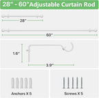 2 Pack White Metal Curtain Rods, 28-60 inch, Heavy Duty, Adjustable, Wall - Image 3
