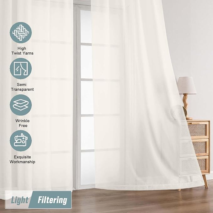 Ivory Sheer Curtains 63 Inch Length 2 Panels, Voile Sheer Curtain - Image 5