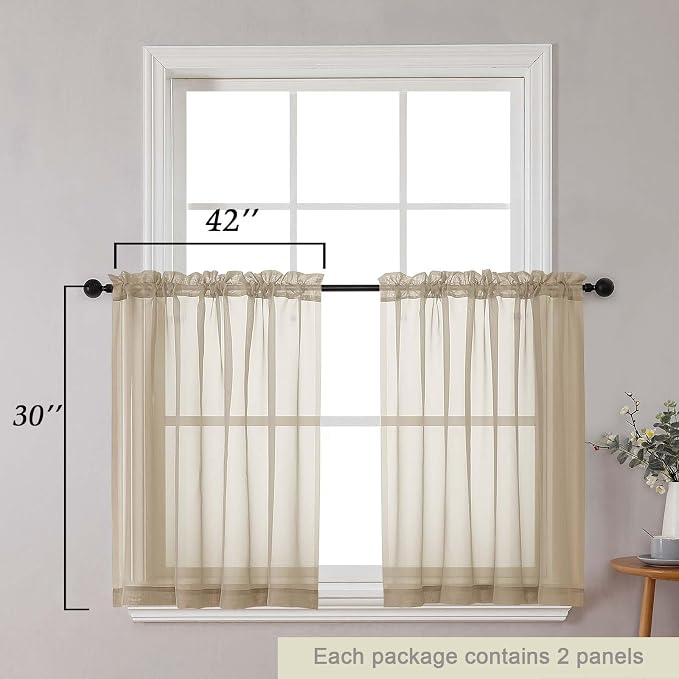 Taupe Kitchen Curtains 30 Inch Length Tier 2 PCS, Solid Soft Airy Half Curtains - Image 2