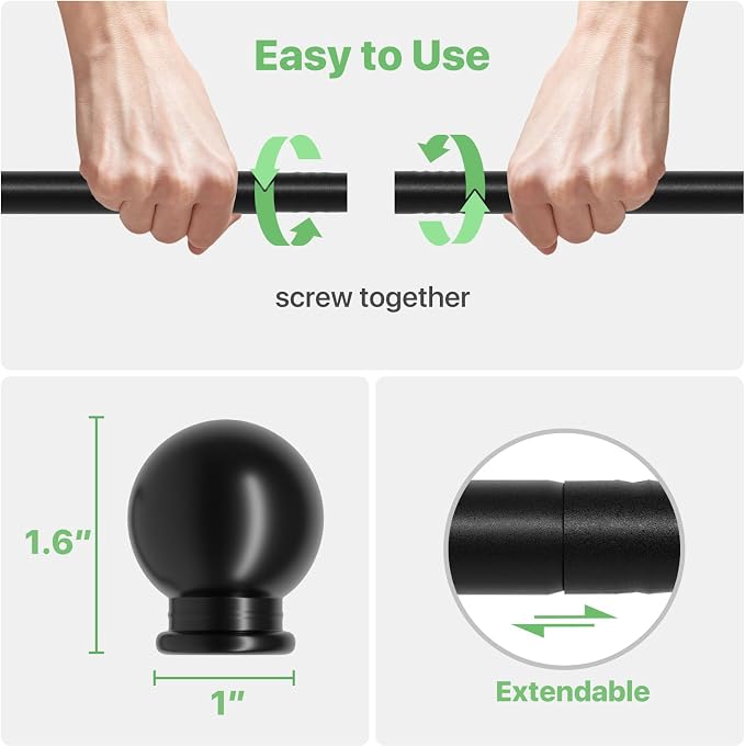 Black Curtain Rods for Windows 48 to 84, Adjustable Curtain Rod Set - Image 5