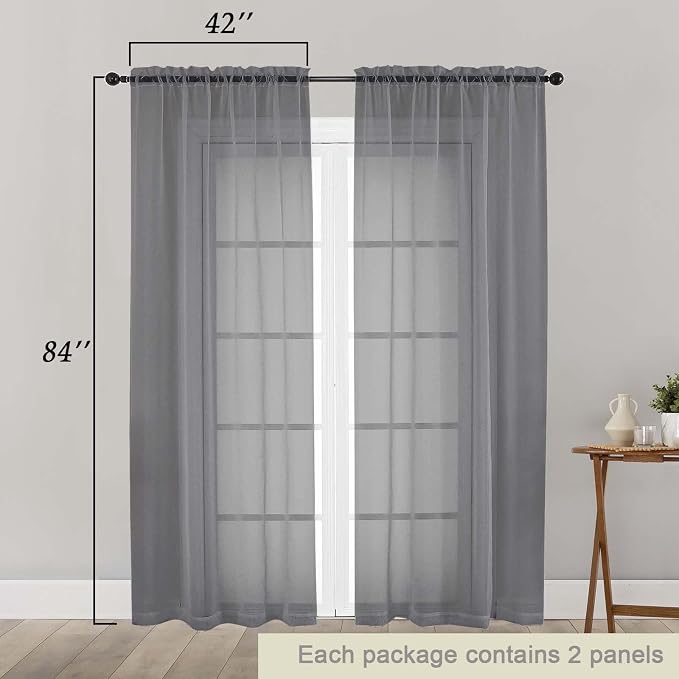 Grey Sheer Curtains 84 Inches Long 2 Panels, Soft Airy Light Filtering Curtains - Image 2