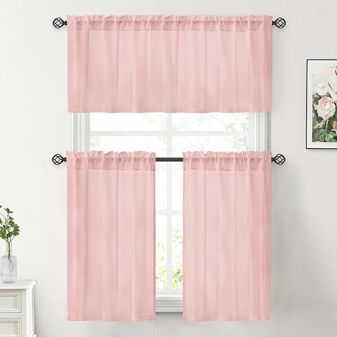 HOMEIDEAS Non-See-Through Blush Pink Privacy Sheer Kitchen Curtains, 30 X 36 - Image 2