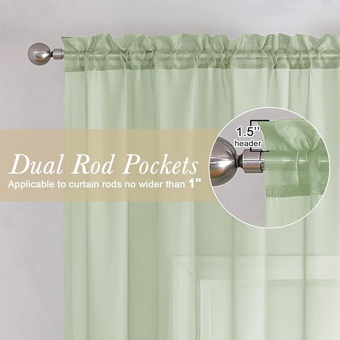 Lecloud Light Green Sheer Curtains 72 Inches Long 2 Panels, Soft Voile Light - Image 2