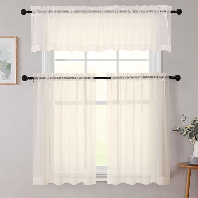 Cream Valances for Windows, Cream Sheer Curtains 14 Inch Length 2 Pack Kitchen - Image 2