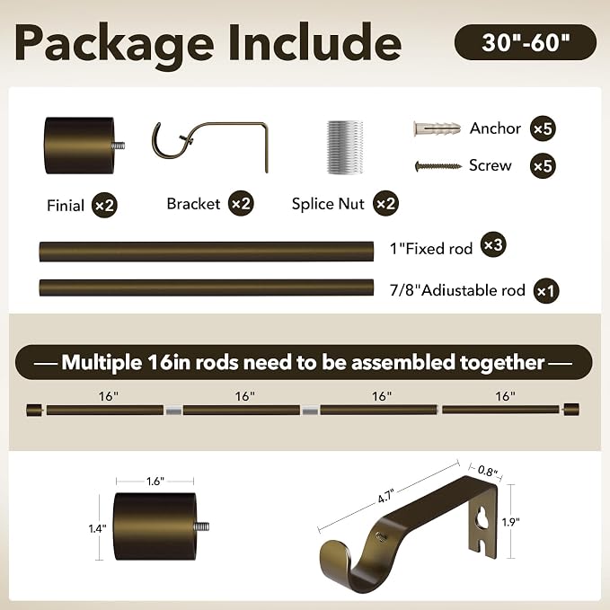 IFELS Heavy Duty Curtain Rods for Windows 28 to 48 Inch, 1 Inch Bronze Curtain - Image 6
