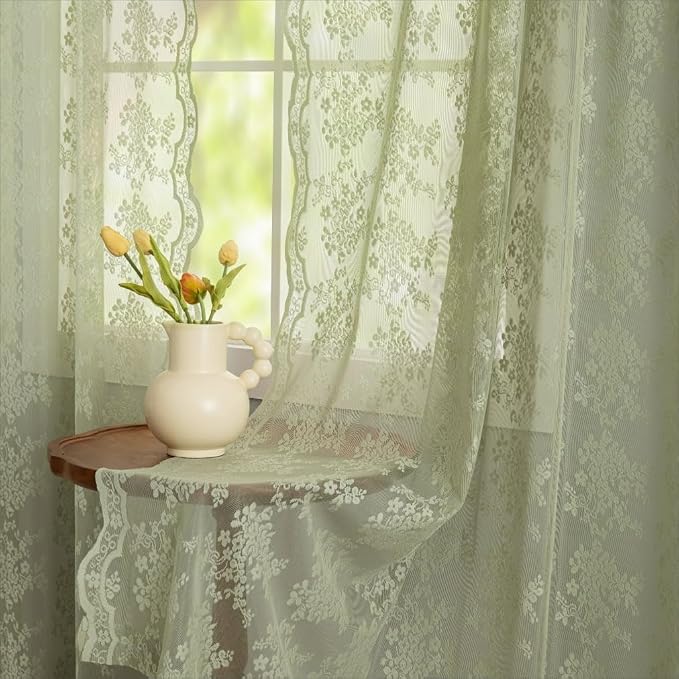 YJ YANJUN Vintage Lace Curtains 45 Inch Length-Victorian Floral Pattern Sage - Image 4