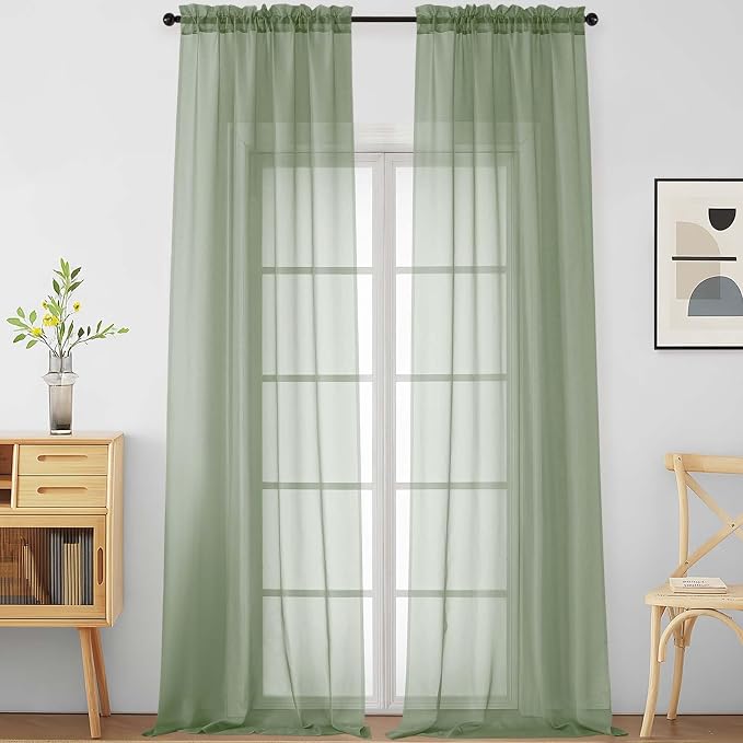 Sage Green Sheer Curtains for Windows 108 inches Long 2 Panels Set, Soft by Home