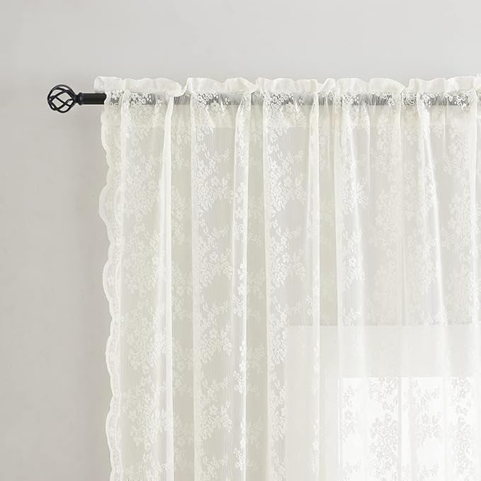 YJ YANJUN Vintage Lace Curtains 80 Inch Length Victorian Floral Cream Sheer - Image 2