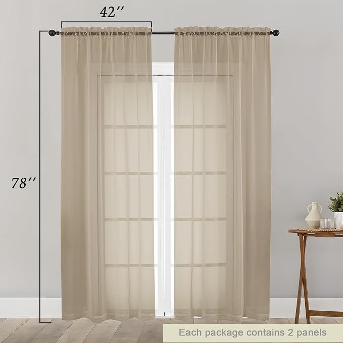 Taupe Sheer Curtain for Bedroom Living Room 78 Inches Long 2 Panels Set - Image 2