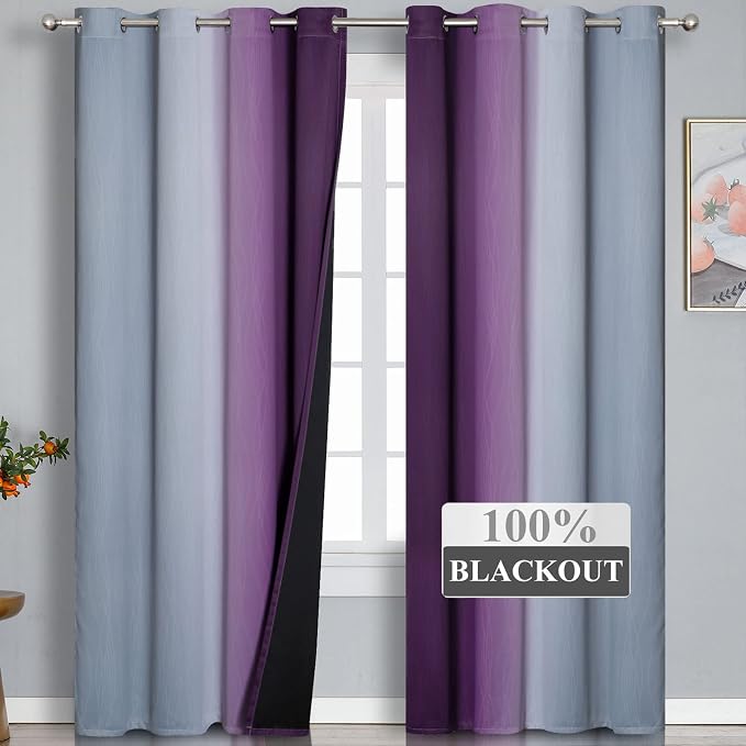 Purple and Grey Blackout Curtains 84 Inches Long, Ombre and Wavy Line Pattern - Image 2