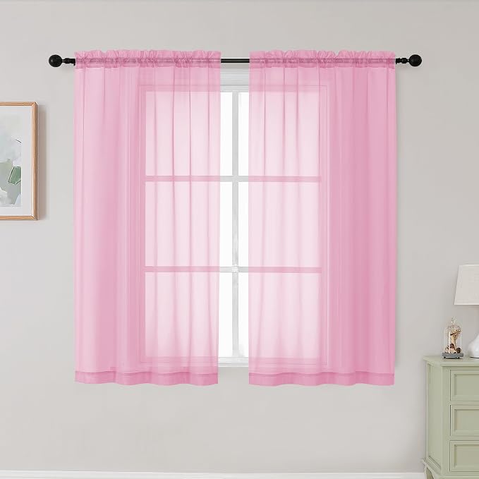 Pink Sheer Curtains for Bedroom Living Room 45 Inch Length 2 Panels, Soft Airy by WelvetBLK
