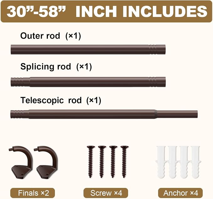 GXOACKJ Brown Curtain Rods for Windows 28 to 60 inch, 5/8 inch Adjustable Wrap - Image 5