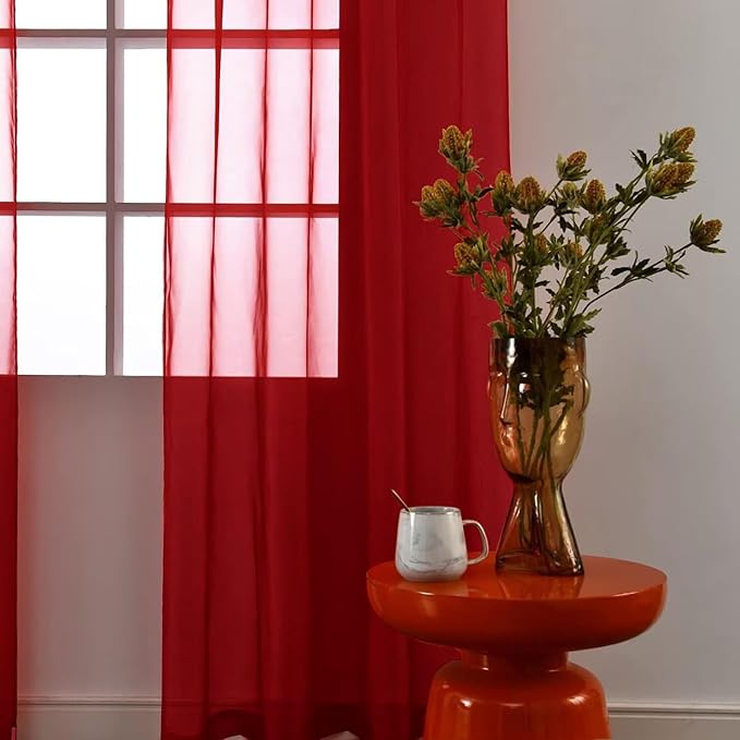 SpaceDresser Basic Rod Pocket Sheer Voile Window Curtain Panels Christmas Red 1 - Image 2