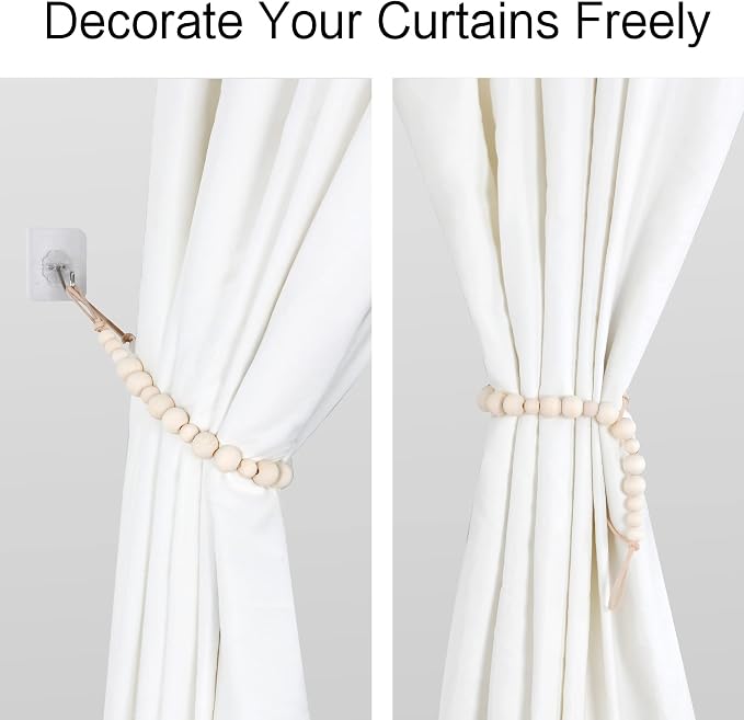 OCIOLI 2 Pieces of Wood Bead Curtain Tieback Boho Curtain Tiebacks Curtain - Image 4
