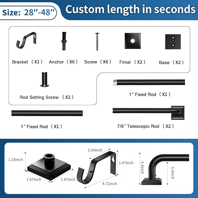 Black Curtain Rods for Windows 28-48Inch Heavy Duty French Return Rod, Wrap - Image 8
