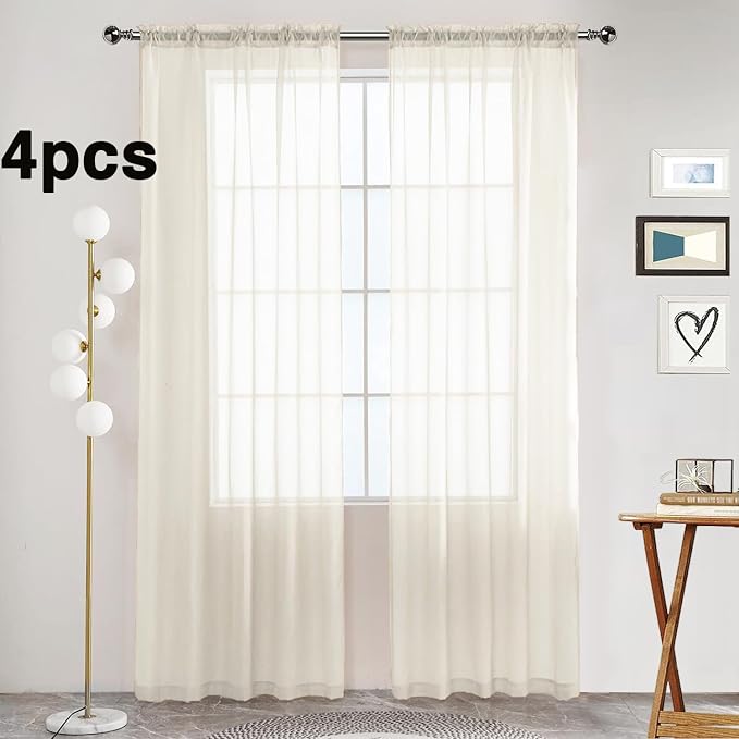 SpaceDresser Ivory Sheer Curtains 4 Panels Rod Pocket Semi-Sheer Curtain 96 - Image 2
