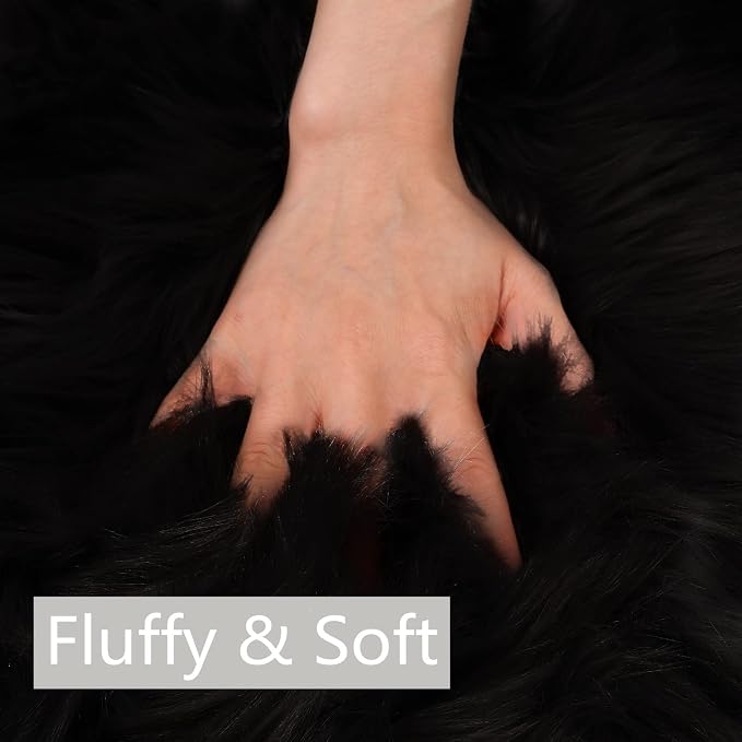 duduta Black Faux Sheepskin Fur Rug 3x5 ft, Fluffy Shag Bedroom Dorm Nursery - Image 4