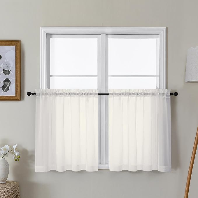 Gwine Ivory Sheer Curtain Tiers 24 Inch Length, Light Filtering Voile Short by Gwine