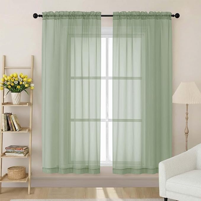 Sheer Sage Green Curtains for Bedroom Living Room 63 Inch Length 2 Panels by WelvetBLK
