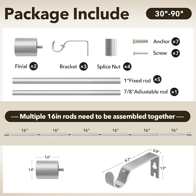 IFELS Heavy Duty Curtain Rods for Windows 48 to 84 Inch, 1 Inch Silver Curtain - Image 6