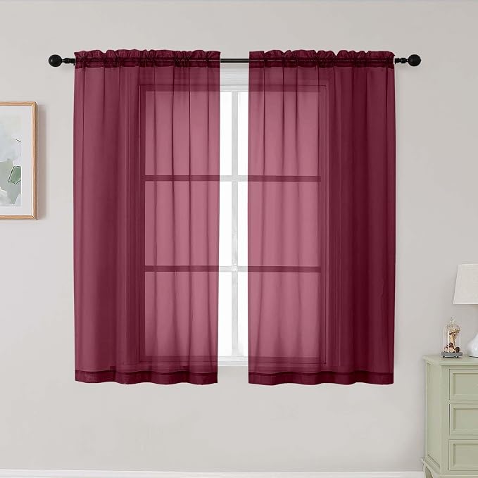 Burgundy Sheer Curtains for Bedroom Living Room 45 Inch Length 2 Panels by WelvetBLK