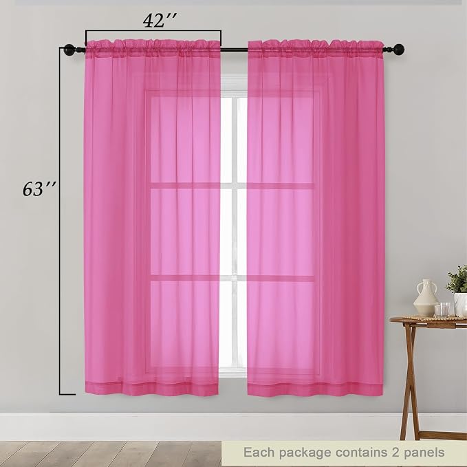 Hot Pink Sheer Curtains 63 Inch Length 2 Panels Set - Image 2