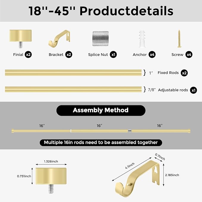 VOIIY Gold Curtain Rods for Windows 18 to 42 Inch, Size:18-42 Inch - Image 8