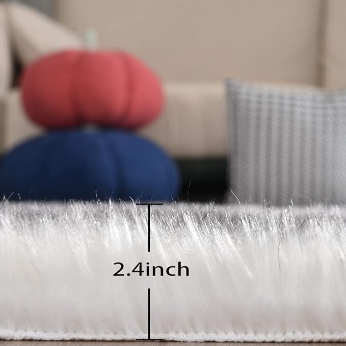 ORINOVA White and Grey Faux Fuzzy Fur Sheepskin Washable Area Rugs - Image 2