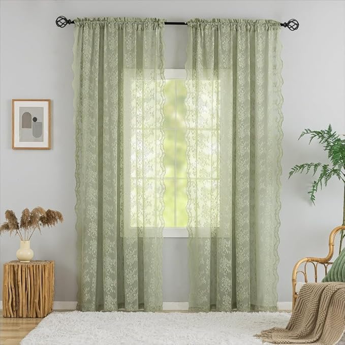 YJ YANJUN Vintage Lace Curtains -Victorian Floral Sage Green 102 inches Curtains - Image 2