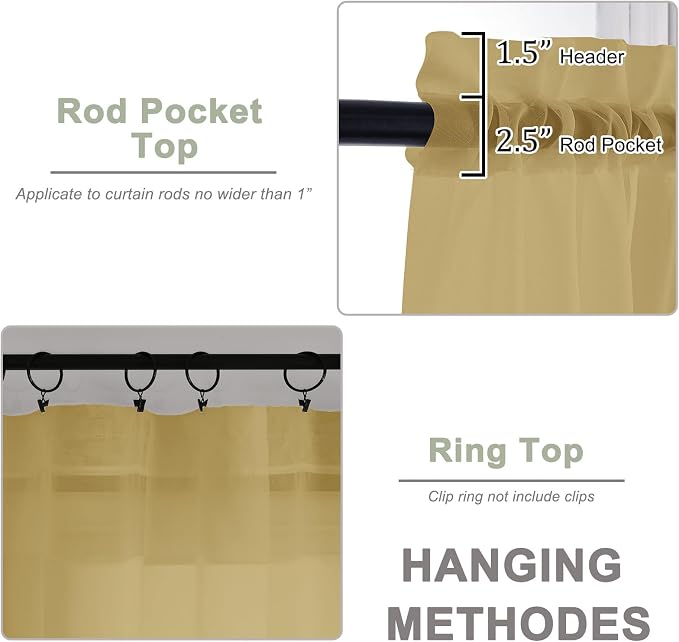 OWENIE Gold Sheer Curtains 72 Inches Long 2 Panels Set, Transparent Voile Sheer - Image 3
