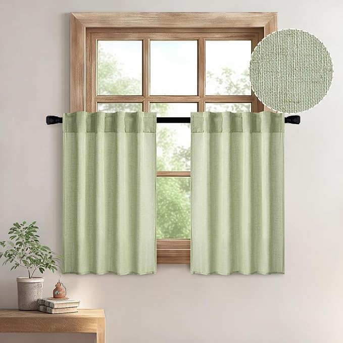 MIULEE Sage Green Kitchen Curtains 36 Inch Length 2 Panels, Soft Thick Linen by MIULEE