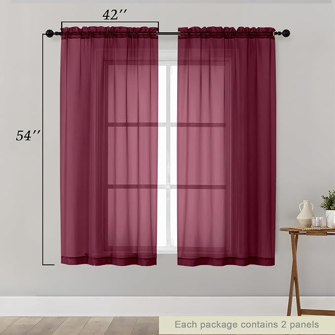Burgundy Sheer Curtains for Bedroom Living Room 54 Inch Length 2 Panels Set - Image 2