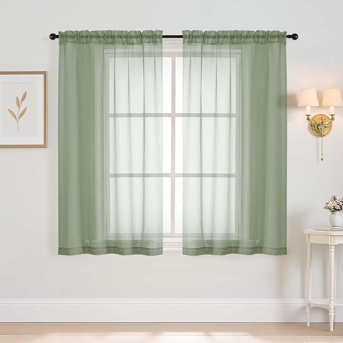 Sage Green Window Sheer Curtains 45 Inches Length, Voile Short Curtains by Home