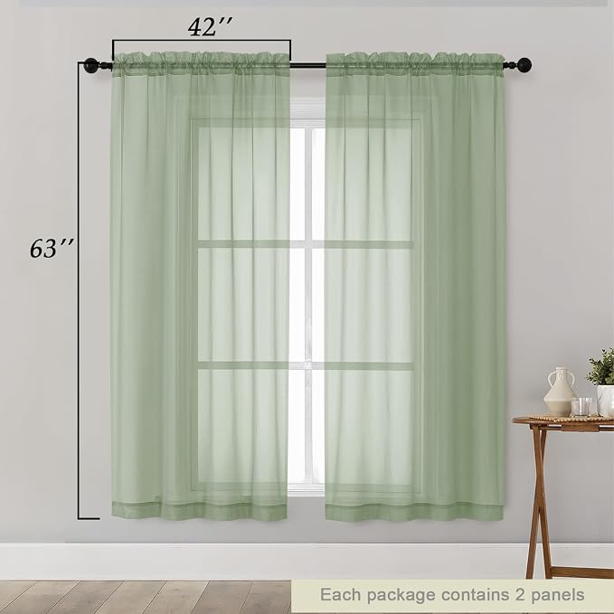 Sheer Sage Green Curtains for Bedroom Living Room 63 Inch Length 2 Panels - Image 2