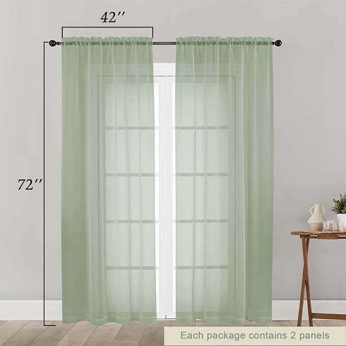 Sage Green Sheer Curtain for Bedroom Living Room 72 Inches Long 2 Panels Set - Image 2