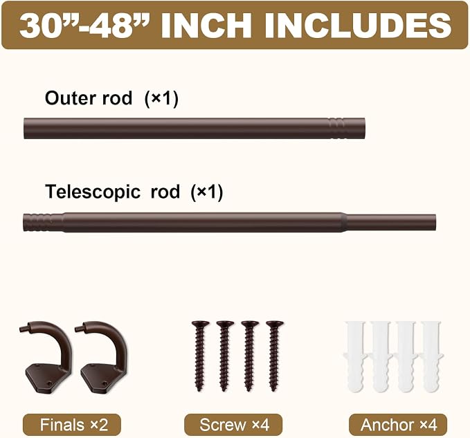 GXOACKJ Brown Curtain Rods for Windows 28 to 48 inch, 5/8 inch Adjustable Wrap - Image 5