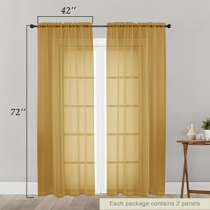 Gold Sheer Curtain for Bedroom Living Room 72 Inches Long 2 Panels Set - Image 2