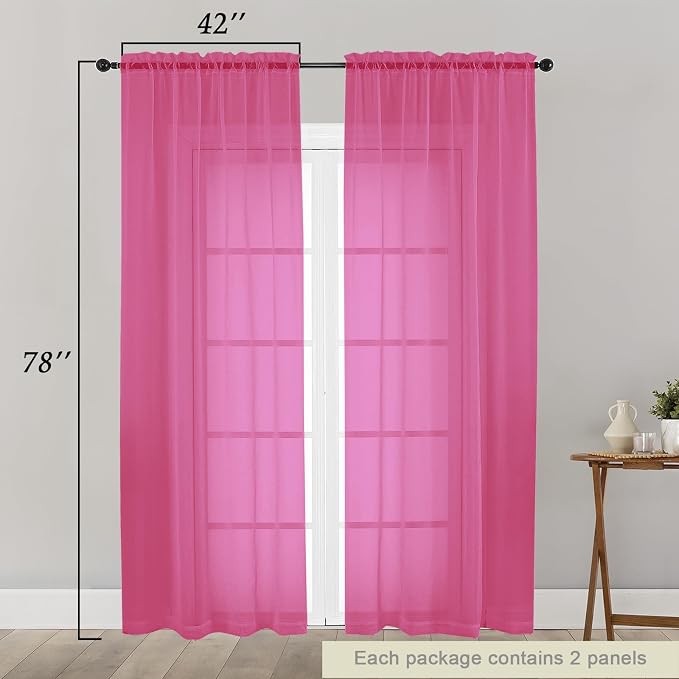 Hot Pink Sheer Curtain for Bedroom Living Room 78 Inches Long 2 Panels Set - Image 2