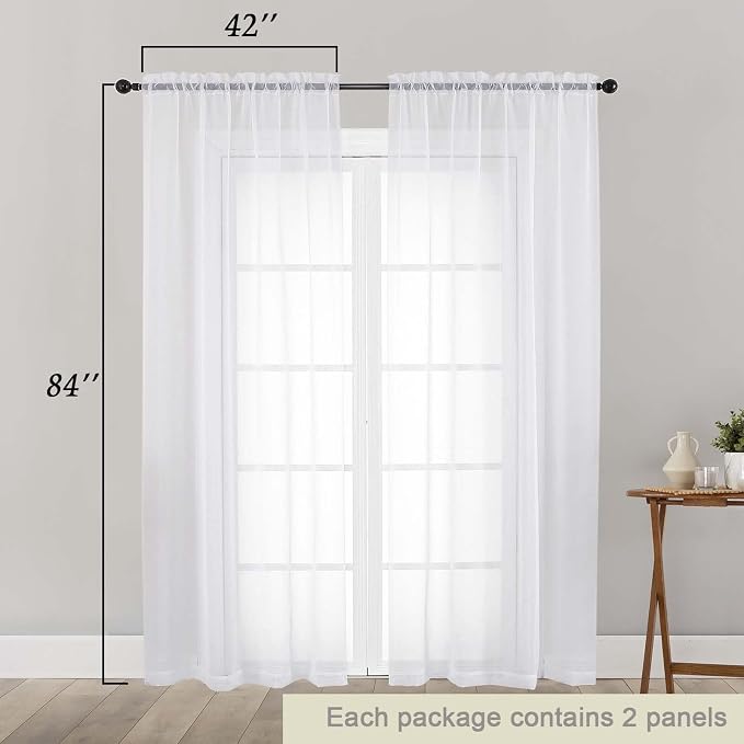 White Sheer Curtains 84 Inches Long 2 Panels Set - Image 2