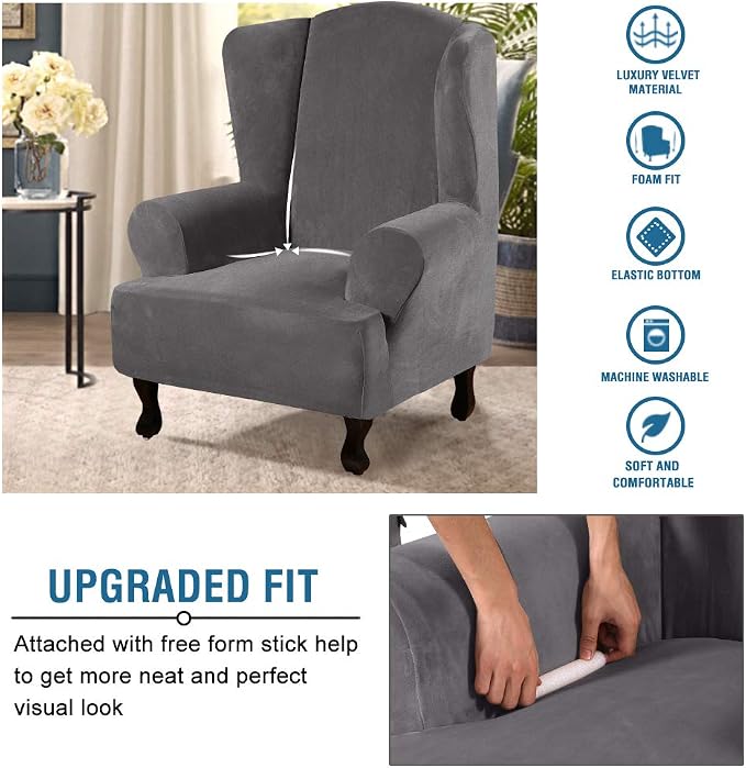 H.VERSAILTEX Wingback Chair Covers Velvet Plush Wing Chair Slipcover 1 Piece - Image 4